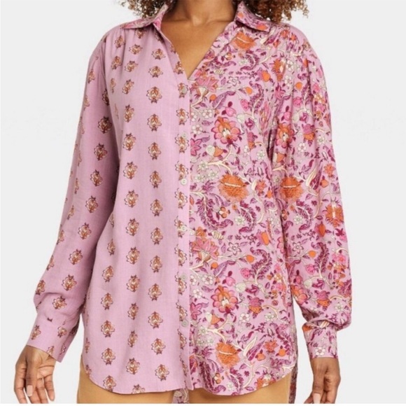 Knox Rose Pink and Orange Long Sleeve Button Floral Blouse Size M EUC - Picture 1 of 8